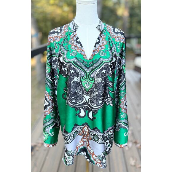 Chico's Women's Paisley Print Tunic Silk Blouse Emerald Green Size M + SCARF - Picture 3 of 14